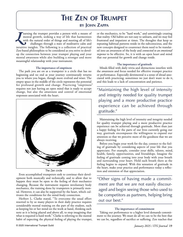 The Zen of Trumpet — John Zappa article in ITG Journal January 2025